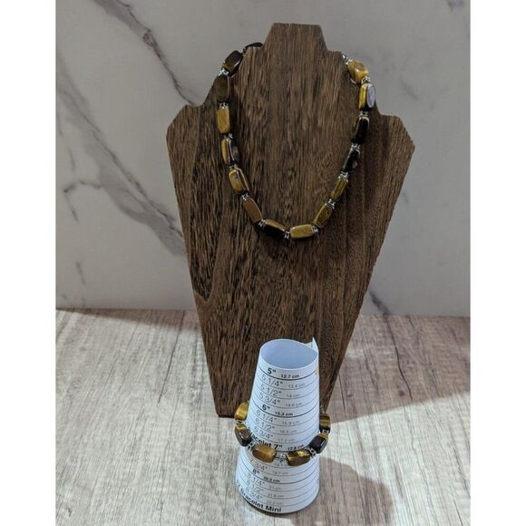 Tigers Eye Gemstone Necklace &  stretchy Bracelet Set With Silver-Tone Spacers - Picture 3 of 6